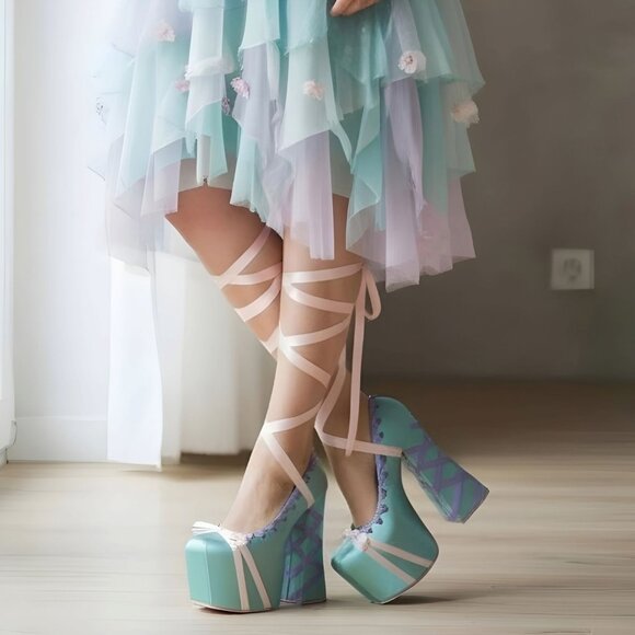 Sugar Thrillz ✦ Pastel Satin Ribbon Platforms ✦ Balletcore Pink Blue Heels NWT - Picture 4 of 10